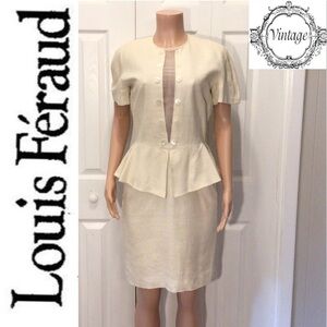 Vintage Louis Feraud Ivory Short Sleeve Silk Matka Peplum Dress Size 10